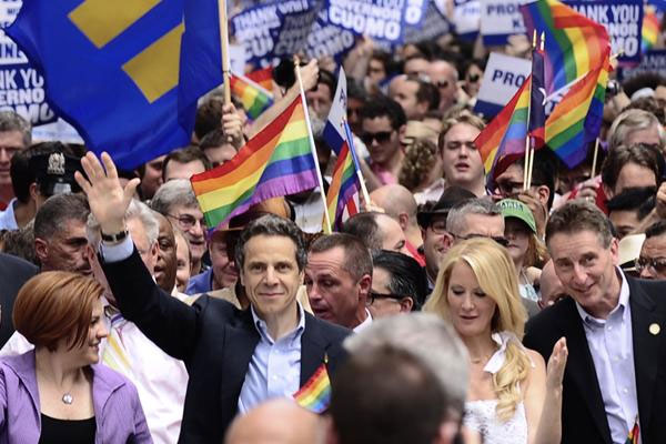 Governor Andrew Cuomo, who legalized gay marriage in New York State, marched in Sunday’s Pride March in Manhattan. He has yet to come down on either side of the fracking issue.  Photo by Milo Hess