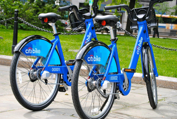 These Citi Bikes, located in the plaza at Duarte Square, at Canal St. and Sixth Ave., were still operational on Friday around noon. But there were no signs that anyone had been using them since the snowstorm hit.