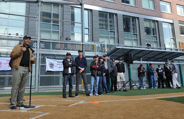 Downtown Express file photo by Terese Loeb Kreuzer Bill Thompson at the opening ceremonies of the Downtown Little League season in Battery Park City last year. Some neighborhood leaders have praised him for getting the fields reopened, but others have criticized his leadership at the Battery Park City Authority. At the time, he was chairman of the Battery Park City Authority. He resigned one month later to devote himself to his campaign for mayor of New York City. 