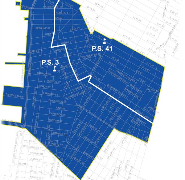 The white line indicates how the currently unified P.S. 3/P.S. 41 district would be split in two under the proposed plan.