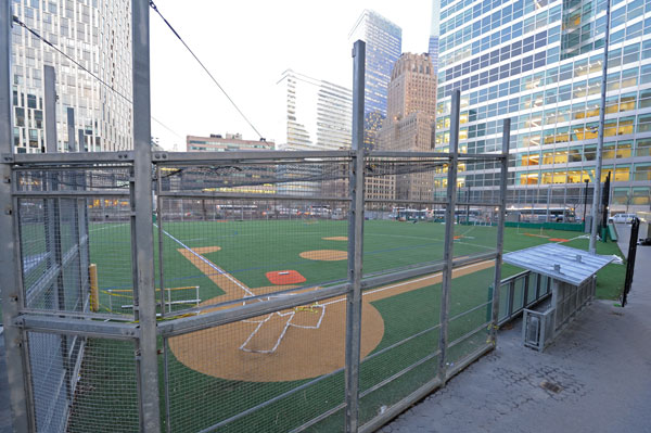 The Battery Park City ball fields as they looked on Jan. 8, 2013. The Battery Park City Authority has announced that the artificial turf will have to be entirely replaced because of damage from Superstorm Sandy. (Photo: Terese Loeb Kreuzer)
