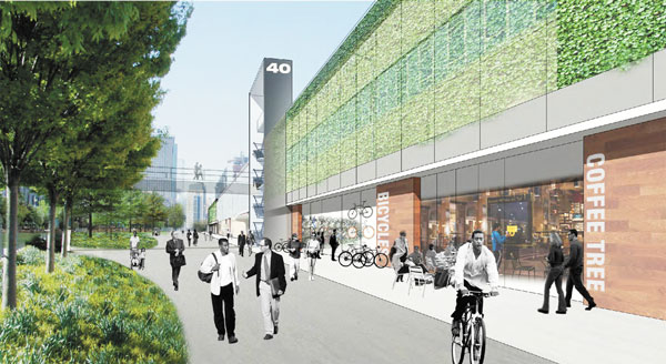 A rendering of how Pier 40’s facade would have looked under a concept plan presented three years ago by Douglas Durst and Ben Korman. Their proposal was to retrofit the existed pier shed for office use for tech firms and the like. Now a leading youth sports advocate is saying the pier should be rezoned to allow office use.