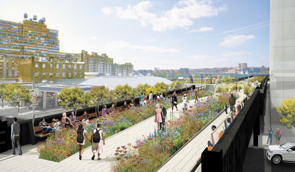 Looking west, toward the Hudson River, just east of 11th Ave.: The primary pathway will slowly ramp up, creating an elevated catwalk that will raise visitors approximately two feet above the High Line level to take in panoramic views of the cityscape and Hudson River.    Image by James Corner Field Operations / Diller Scofidio + Renfro. Courtesy Friends of the High Line