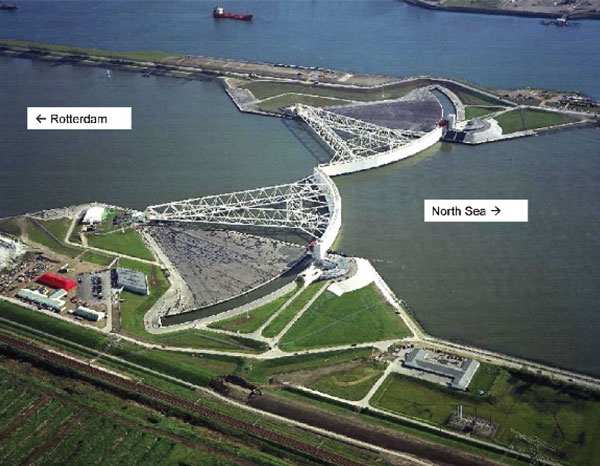 Another image from Bowman’s report showing a different style of surge protection in the Netherlands. Twin sector gate barriers (Tainter gates) protect the port of Rotterdam, the world’s largest, against North Sea storm surges. The gates are shown closed in the storm surge position. Normally, the gates are kept open, rotated back into their parking areas. The New York Harbor concept plan calls for a combination of drop-down gates and Tainter gates.