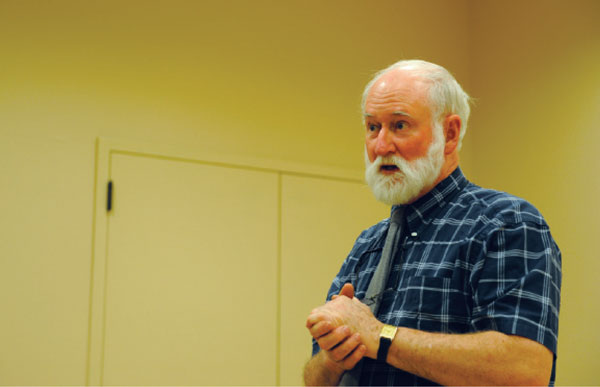 Malcolm Bowman addressing a recent meeting of C.B. 2’s Environmental Committee.   Downtown Express photo by Terese Loeb Kreuzer