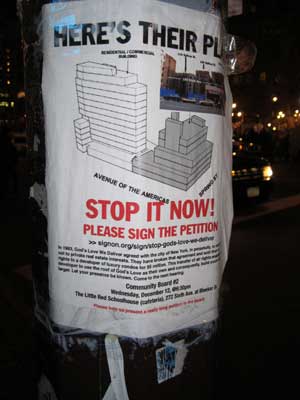 Before last month’s C.B. 2 Land Use Committee meeting, posters were plastered on lampposts around Soho, urging local residents to turn out at the meeting to oppose an air-rights transfer plan between God’s Love We Deliver and QT development.  Photo by Lincoln Anderson