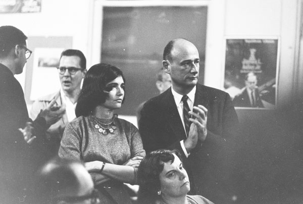 Co-district leaders Carol Greitzer and Ed Koch circa 1965, sharing a serious moment at a V.I.D. meeting as they looked toward the speaker’s podium. “I think it was something we were concerned about,” Greitzer said, not recalling the specific issue.