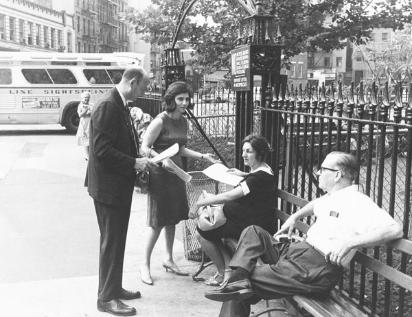Koch and Greitzer campaigning for district leader around 1963, talking to voters in Sheridan Square.