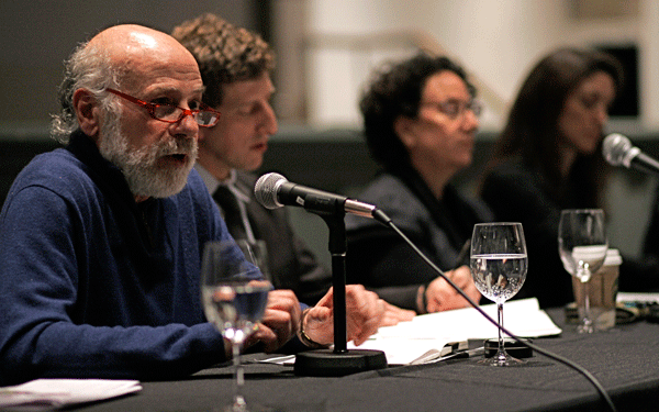 Photos by Sam SpokonyTom Angotti, a professor at Hunter College, at left, talked about the future of Zone A during a Jan. 10 panel discussion at The Cooper Union. Other speakers, from left to right, included Alexander Felson, a professor at Yale University; Susannah Drake, a senior associate at the Cooper Union Institute of Sustainable Design; and Claire Weisz, principal at WXY Architecture and Urban Design.