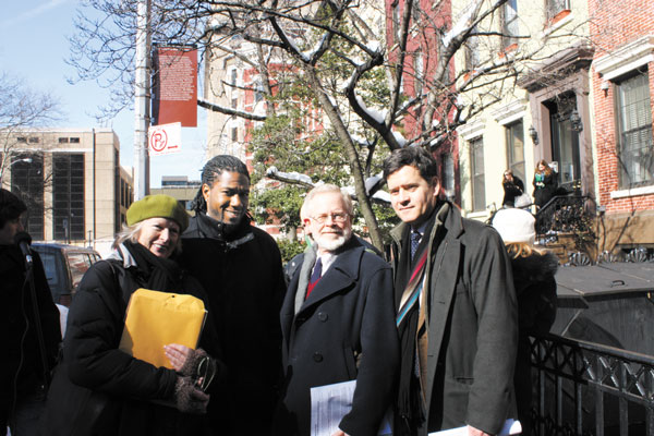 L to R: Julie Finch, City Councilman Jumaane Williams, Assemblyman Dick Gottfried  and State Senator Brad Hoylman were among the friends of Hopper Gibbons House who braved the cold at a Feb. 10 rally. Two days later, the Board of Standards and Appeals gave a welcome boost to their preservation efforts.  Photo by Fern Luskin 