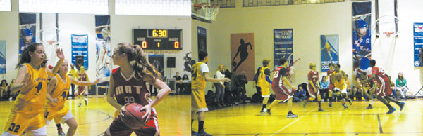 LEFT:  I.S. 289 defender Althea Jackson de Rosa, left, and Emma Simmel close in on M.A.T.’s Amber Thiery. RIGHT: I.S. 289 and M.A.T. boys teams battled Jan. 25.  Downtown Express photos by Kaitlyn Meade  