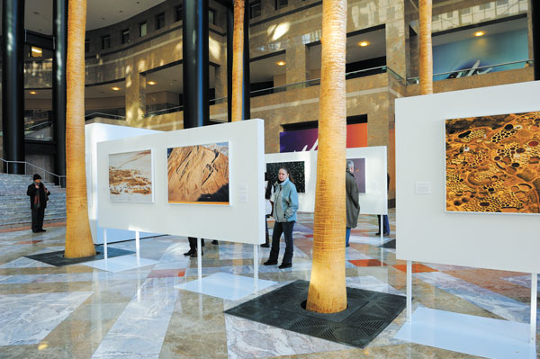 For 15 years, photographer George Steinmetz has been visiting deserts, taking pictures from a paraglider of these majestic landscapes and of the people and animals that manage to live in them. "Desert Air," an exhibit of his photographs, is at the Winter Garden in Battery Park City through March 15.  Downtown Express photo by Terese Loeb Kreuzer