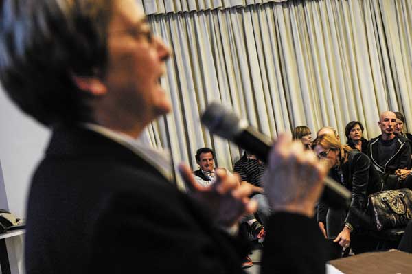 Assemblymember Deborah Glick declared she would not support housing in the park, as Tobi Bergman of Pier 40 Champions seemed to be feeling the pinch.  Photo by Robert Stolarik 