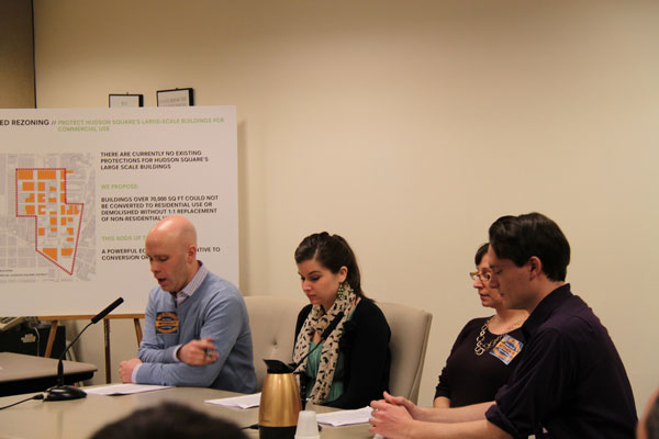 Andrew Berman, director of the Greenwich Village Society for Historic Preservation, testified at Tuesday’s hearing on the Hudson Square rezoning. Seated next to him are G.V.S.H.P. staffers, from left, Dana Schulz, Sheryl Woodruff and Drew Durniak.