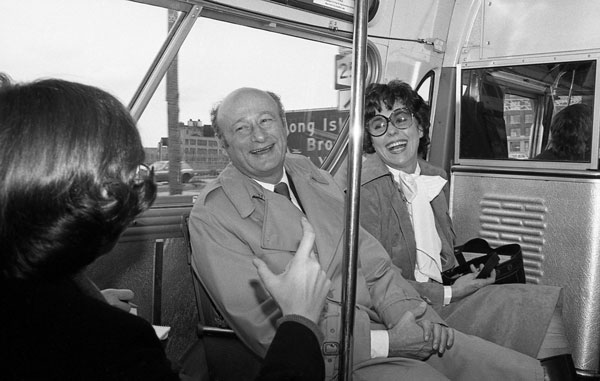 Ed Koch on the bus with Bess Myerson on the way to his mayoral inauguration in January 1978.  