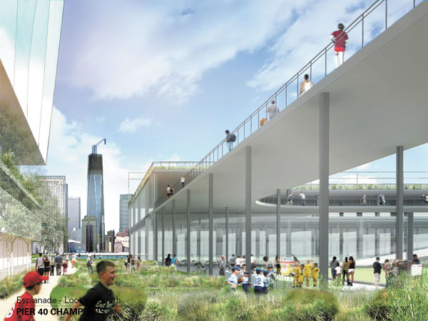 The Pier 40 Champions plan by WXY Architects includes an elevated jogging track over the pier’s courtyard.  Image courtesy of Howard Hughes 