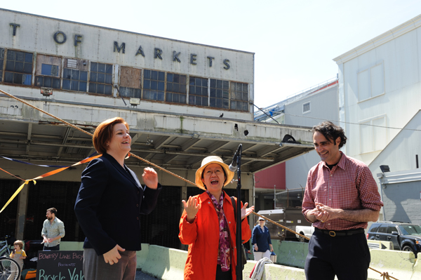THAT WAS THEN...Council Speaker Christine Quinn, Councilmember Margaret China and Robert LaValva of the New Amsterdam market were together in 2011, but LaValva was noticeably absent last week when Quinn and Chin announced a deal to bring two food markets to the Seaport. Downtown Express FILE photo by TERESE LOEB KREUZER