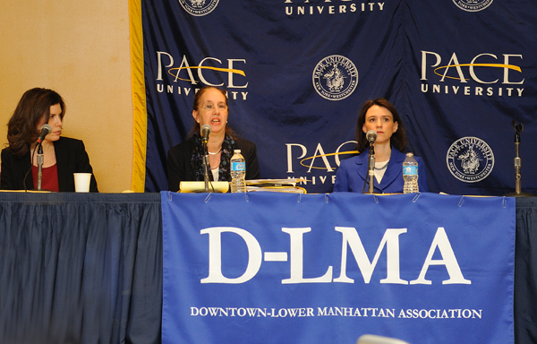 Julie Menin, left, and Councilmembers Gale Brewer and Jessica Lappin debated last week at a forum for candidates running for  Manhattan  borough president. Downtown Express photo by TERESE LOEB KREUZER.  