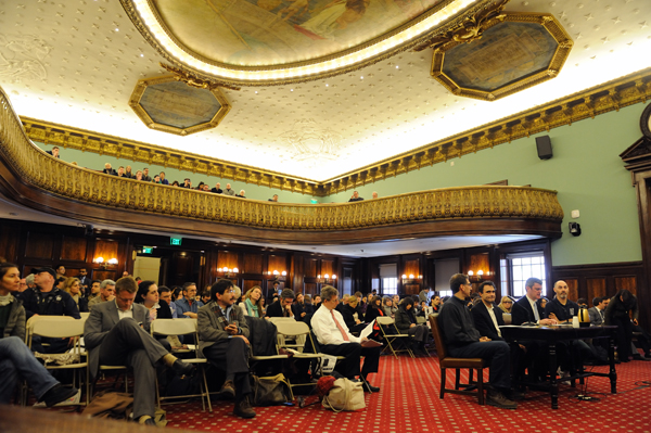 Thursday's hearing on the Pier 17 redevelopment plan was moved to the City Council chambers after the original venue and overflow room filled up. Downtown Express photo by Terese Loeb Kreuzer