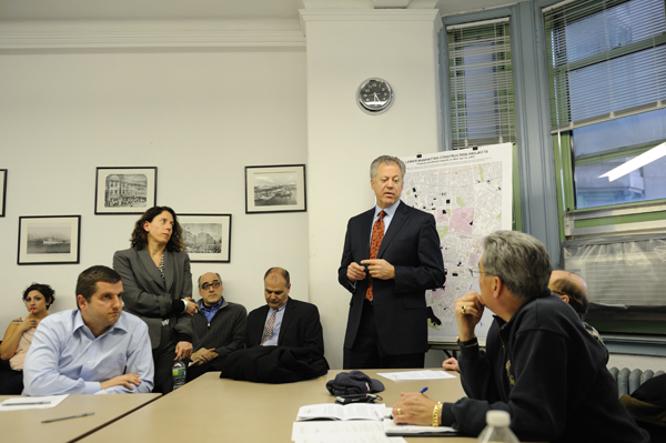 Chris Curry, senior executive vice president of The Howard Hughes Corporation, did not reveal the firm's plan to build apartments and a hotel at the Seaport when he addressed Community Board 1's Seaport Committee on March 19. Downtown Express photo by Terese Loeb Kreuzer