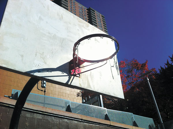 The Washington Market Park hoops, with dilapidated backboards and no nets, will be replaced with new equipment when park fundraisers hit their goal.