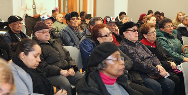 Monday’s informational meeting for Baruch Houses tenants drew about 100 people on a snowy, slushy evening.   Photo by Peter Mikoleski/NYCHA 