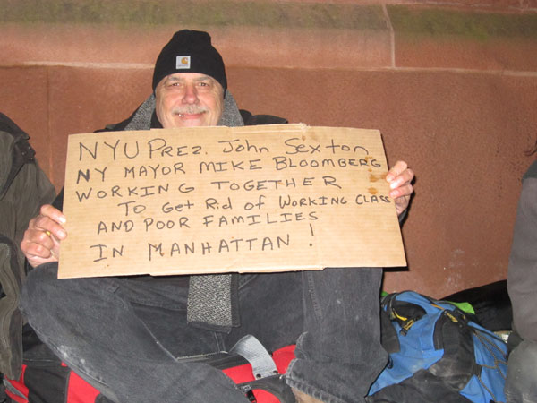 John Penley led a large speak-out at N.Y.U. last Friday night, capping off his two-week campout on Washington Square South.  Photo by Lincoln Anderson