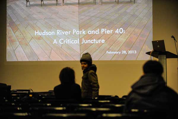 A graphic on the screen at the start of the Feb. 28 Community Board 2 forum on Pier 40 and Hudson River Park made it clear that right now is a key moment for both the pier and park.   Photo by Robert Stolarik 