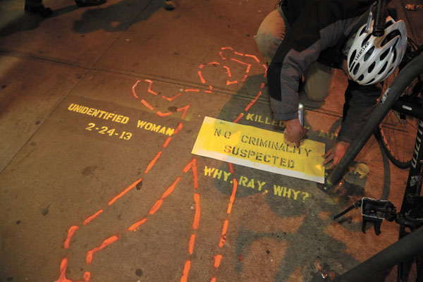 Cyclists draw a line; Demand accountability in car accidents 1 Late last Thursday night, a bicycle activist stenciled at Third Ave. and 27th St. where, on Feb. 24, a still-unidentified pedestrian was killed after a car and cab collided, sending the car jumping the curb onto the sidewalk. Photo by Jefferson Siegel
