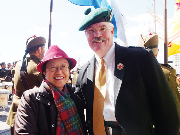 Downtown Express photo by Milo Hess Councilmember Margaret Chin came to the South Street Seaport on Saturday to celebrate Tartan Day with Robert Currie, president of the Clan Currie Society. She said she was happy that lots of people were at the Seaport again and that the leases of the Pier 17 tenants had been extended through the busy summer season.  