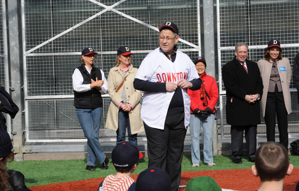 Assembly Speaker Sheldon Silver donned a Downtown Little League jersey Sunday. Silver has not been able to attend previous opening day parades because they are usually held Saturdays, when he observes the Jewish sabbath. Downtown Express photo by Terese Loeb Kreuzer