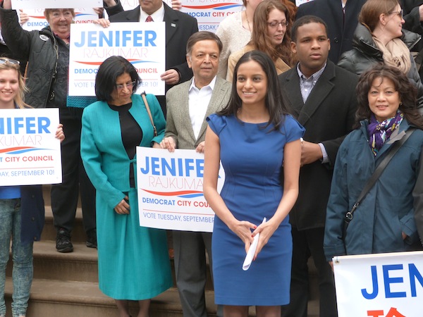 Jenifer Rajkumar, front, announces her City Council candidacy April 7 at City Hall, while her parents, left, and other supporters looked on. Downtown Express photo by Josh Rogers. 