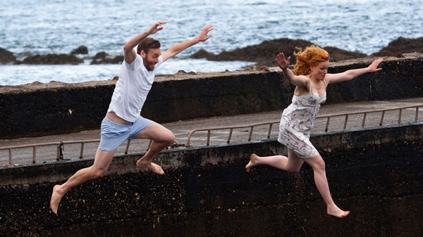 Ted Fielding (Will Forte) and Vanetia Casey (Maxine Peake) make a run (and jump) for it. Photo by Karina Finegan.