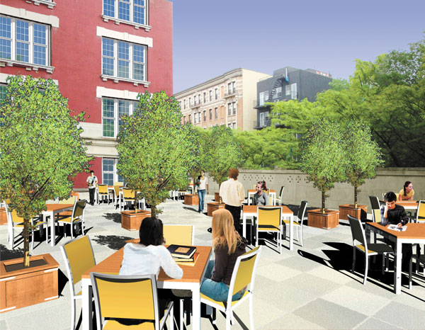 Renderings of the dorm plan for the old P.S. 64, showing students using the renovated front-entrance terrace on E. Ninth St., above, and new dorm rooms, at right.