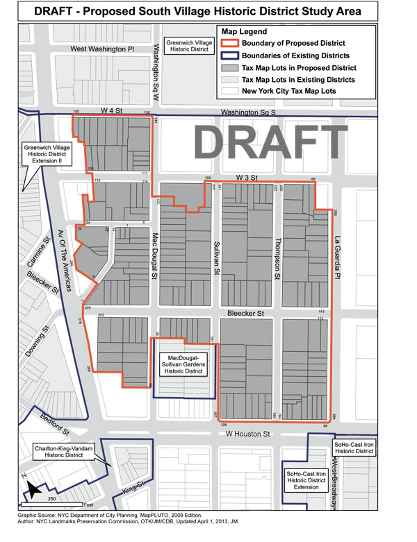 The Landmarks Preservation Commission recently released this map, showing the boundaries it is considering for the South Village Historic District’s “Phase II.” The proposed district includes 240 properties, but omits three others that must be included, according to the talking point’s writer.