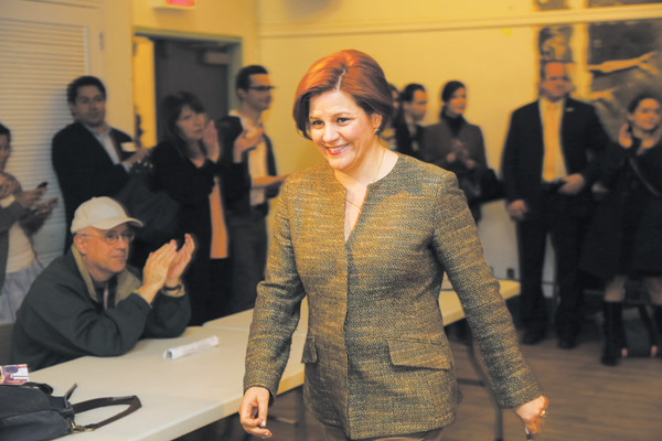 Council Speaker Christine Quinn strode toward the podium to give her remarks at Monday night’s candidates forum.