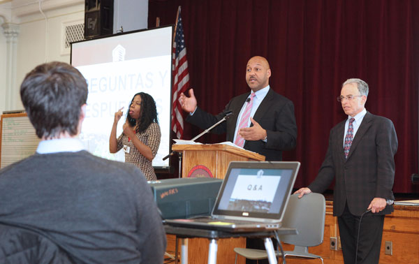 NYCHA grilled on plan to build Downtown 1 Photo by Peter Mikoleski/NYCHA Baruch Houses informational meeting drew about 100 people on a snowy, slushy evening, March 18.