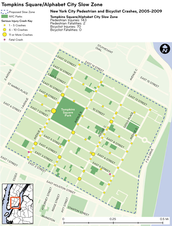 A map by the Department of Transportation of the Alphabet City / Tompkins Square Park Neighborhood Slow Zone shows where new speed bumps and 20 m.p.h. street markings will go. On the slow zone’s borders, new “gateway marker” signs will alert drivers that they’re entering the zone.