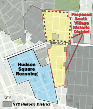 Map courtesy Greenwich Village Society for Historic Preservation The Landmarks Preservation Commission has pledged, by the end of the year, to consider designating half of the remaining unlandmarked section of the proposed South Village Historic District — specifically, the yellow area north of Houston St.