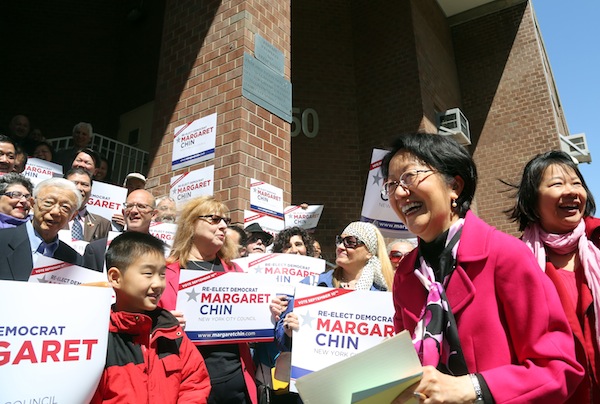 Councilmember Margaret Chin announced her reelection campaign May 4 ay Independence Plaza. Downtown Express photo by Jefferson Siegel