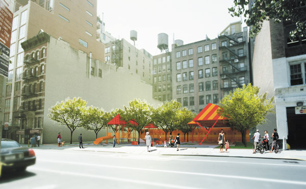 Architect and Chelsea resident James Khamsi, of FIRM a.d., designed three renderings offering different scenarios for turning a city-owned lot into a “pocket park.” This option depicts plans for a community gathering space and small children's playground.   Photo courtesy of the artist 