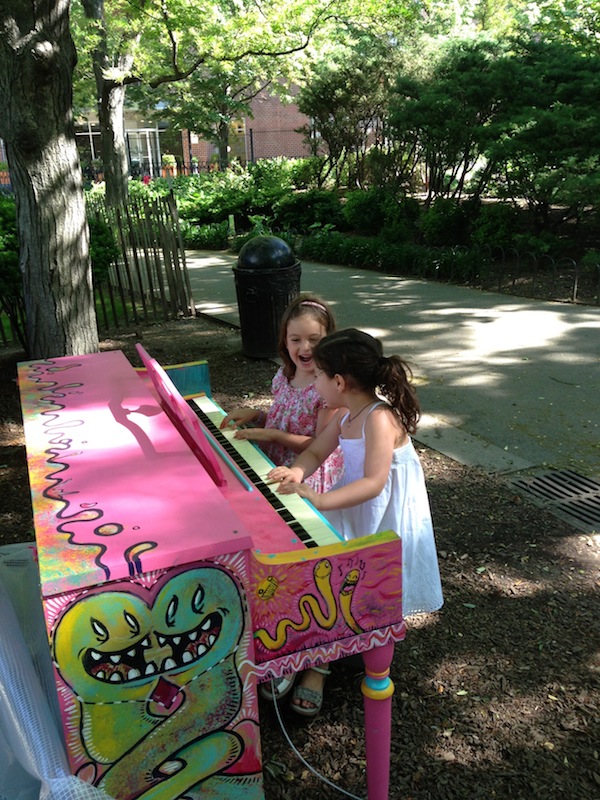 Washington Market Park's pink piano on opening day, June 1.Photo courtesy of Jennifer Van Zandt..