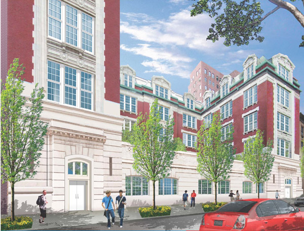 A rendering of the “University House” dorm-conversion plan for the old P.S. 64, showing the historic block-through building’s 10th St. side opened up with new windows and entryways.