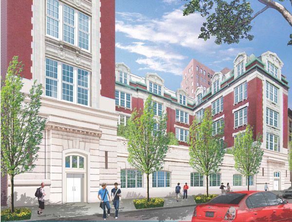 Landmarks likes 9th St. dorm; Protest march planned 3 A rendering of the “University House” dorm-conversion plan for the old P.S. 64, showing the historic block-through building’s 10th St. side opened up with new windows and entryways.