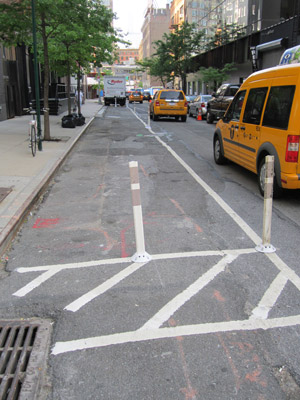 Photo by Lincoln Anderson The Citi Bike docking station on Renwick St. at Spring St. was removed Tuesday in response to residents’ complaints. All that was left were painted white lines and flexible bollards, which presumably will be removed sometime soon.