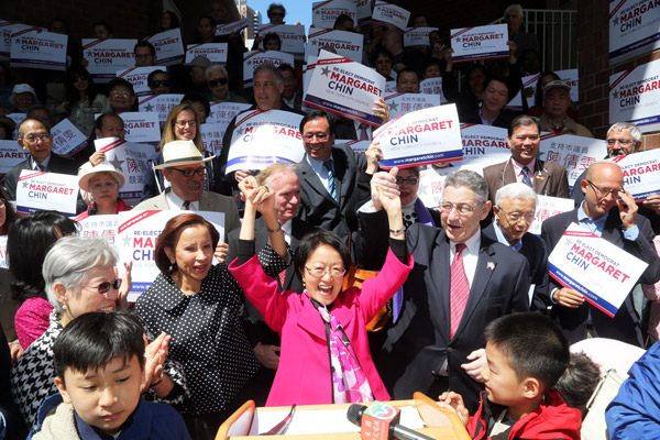 Photo by Jefferson Siegel Councilmember Margaret Chin, flanked by Congressmember Nydia Velazquez, left, and Assembly Speaker Sheldon Silver, at her May 4 campaign announcement in Tribeca.