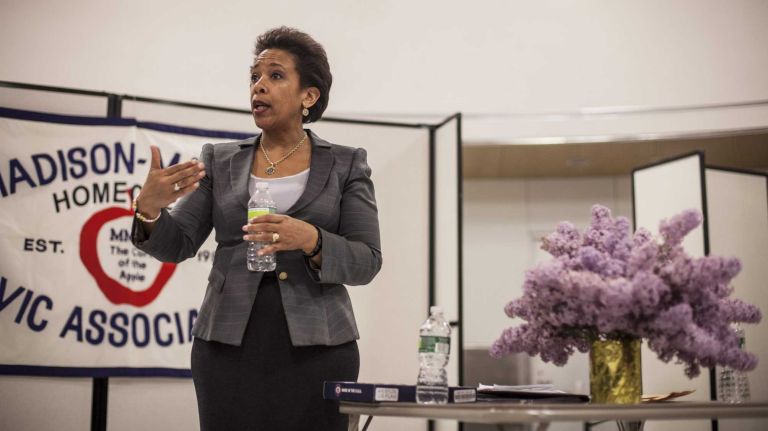U.S. Attorney for the Eastern District Loretta Lynch speaks at a Marine Park Neighborhood Association at the Carmine Carro Community Center in Brooklyn. (May 16, 2013)