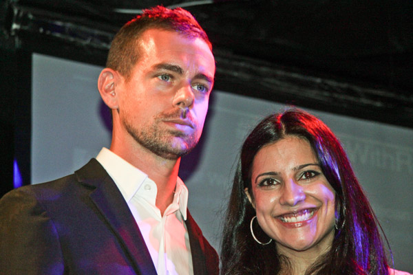 Photo by Tequila Minsky Reshma Saujani, right, and Twitter founder Jack Dorsey at the Poisson Rouge on Bleecker St. last week, getting ready to address the crowd at Saujani’s fundraiser.