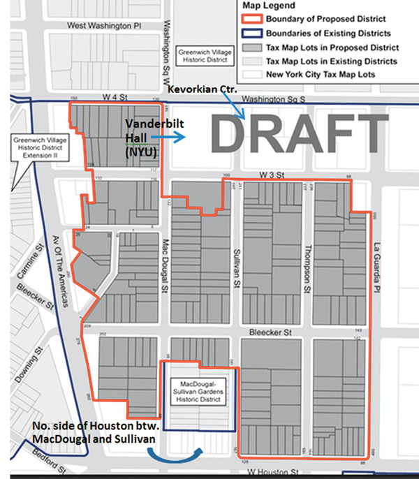 The Greenwich Village Society for Historic Preservation circulated this map after learning that three important sites had initially been left out of the proposed Phase II of the South Village Historic District. The sites have now been included in the proposed district.