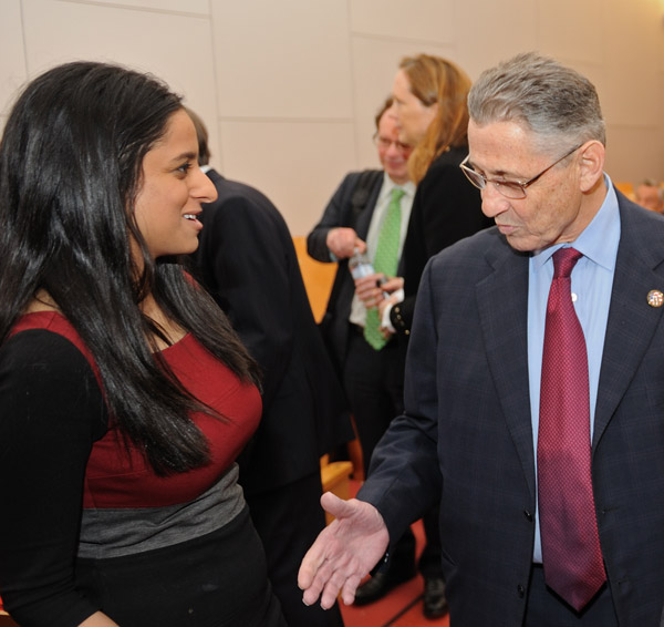 Downtown Express photo by Terese Loeb Kreuzer Assembly Speaker Sheldon Silver offered a friendly hand last week to Jenifer Rajkumar, who praised him at a ceremony honoring Silver, but the speaker has endorsed her opponent in the September primary, Councilmember Margaret Chin. 